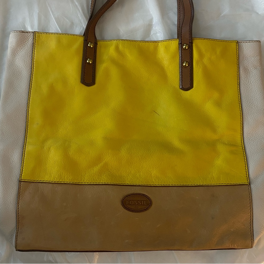 Fossil Bright Yellow and Tan Leather Tote